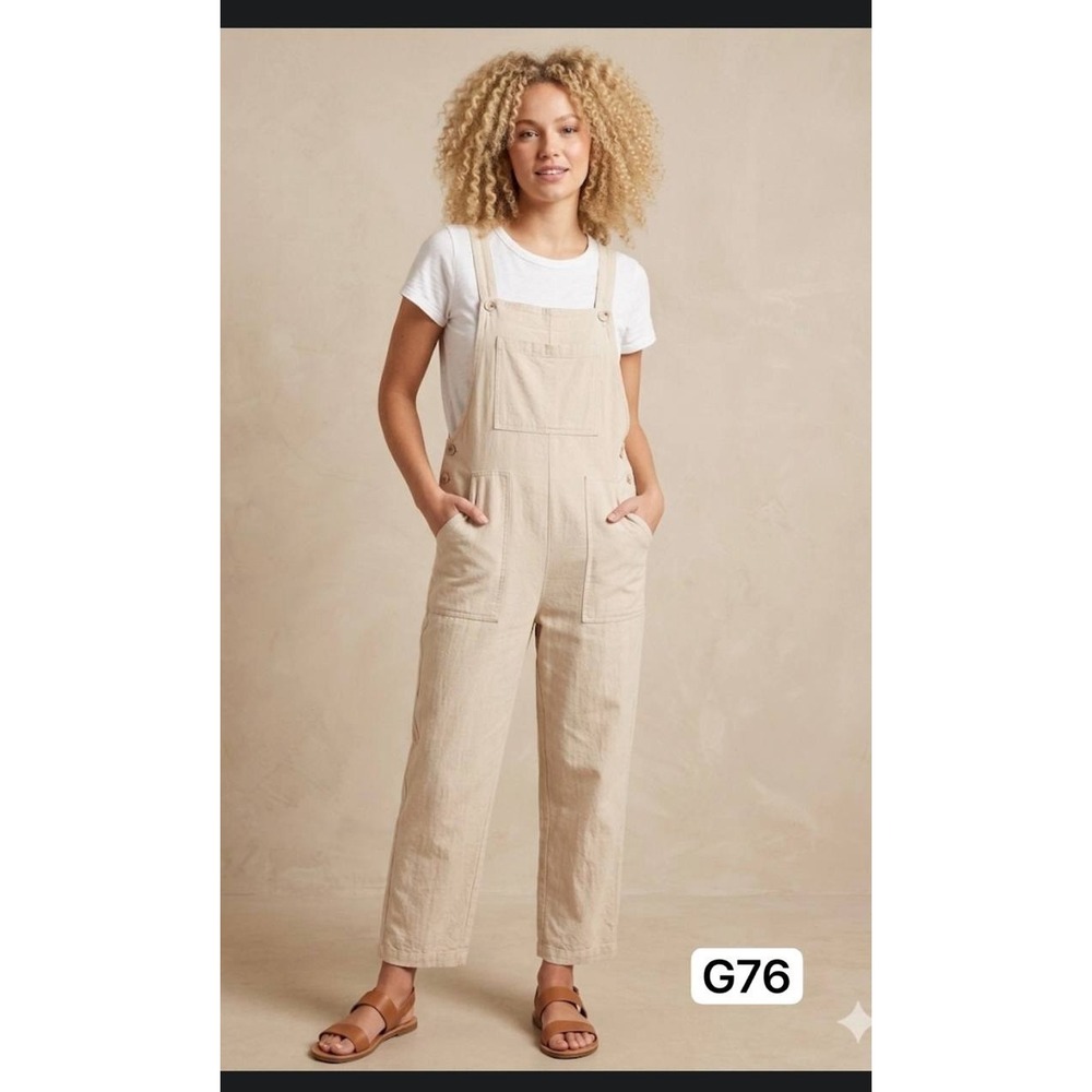 Boho Beige Cotton‎ Gauze Wide Leg Overalls Jumpsuit Pockets Romper Medium M